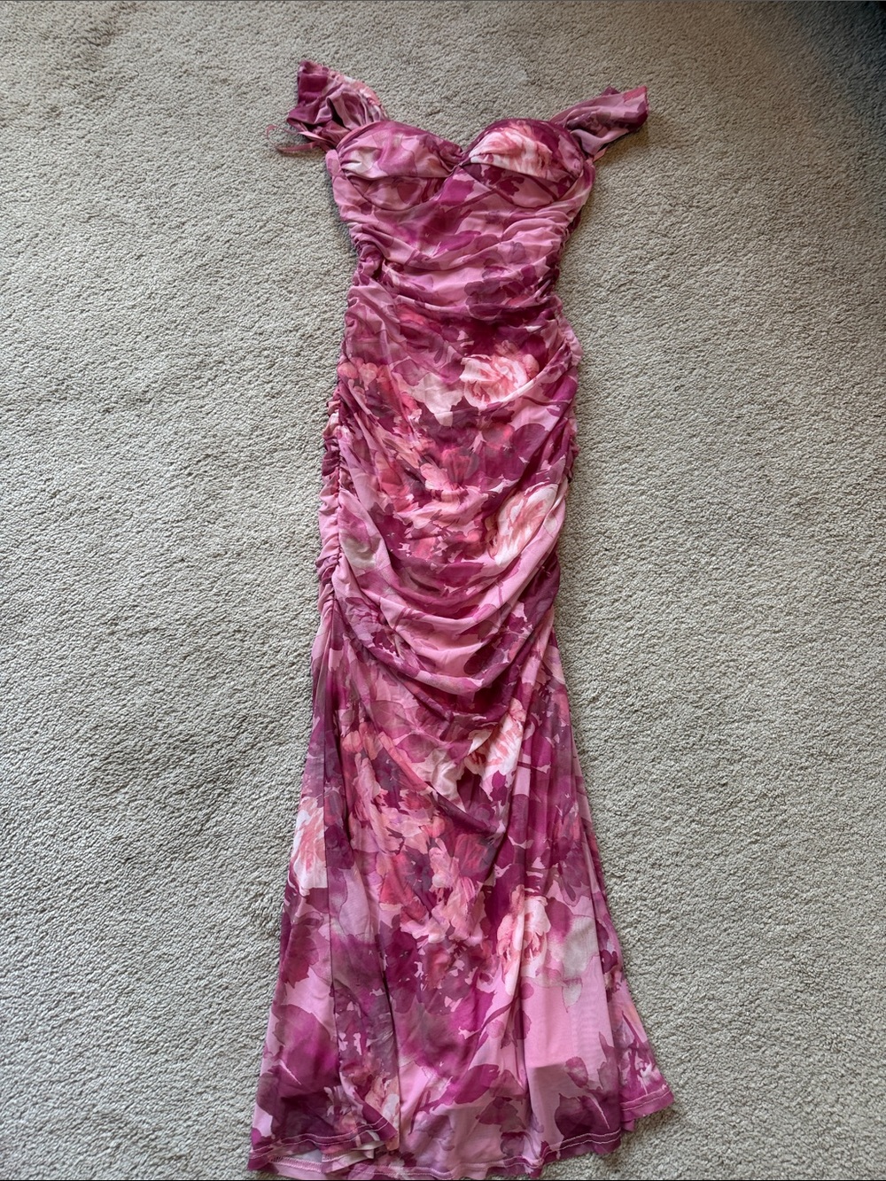 Pink Floral Ruched Off-Shoulder Evening Dress